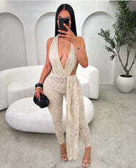 Lace Deep Plunge Halter Neckline Jumpsuit