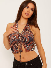Marble Print Front Ruched Halter Crop Top