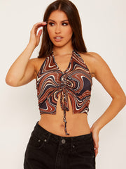 Marble Print Front Ruched Halter Crop Top