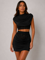 Draped High Neckline Lace Detail Top & Skirt Co-Ord