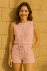 Ribbed Button Through Sleeves Top and Shorts Co-ord