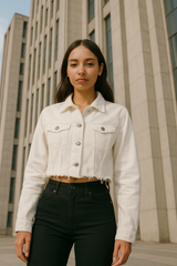 Distressed Cropped Denim Jacket With Pockets