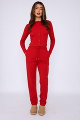 Ribbed Front Button Detail Top & Wide Leg Trouser Co-ord