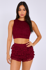 Lace Detail Slinky Crop Top & Rüschen Mini Skort Co-ord