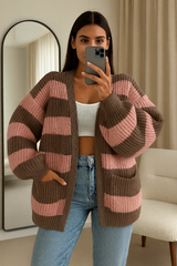 Balloon Sleeves Striped Open Cardigan