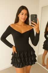 Off Shoulder Satin Frill Mini Dress