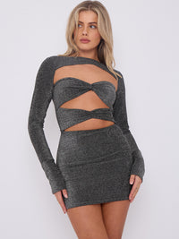 Lurex drapiertes Halshalskleid - Schwarz