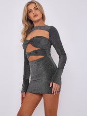Cut Out Knot Front Lurex Mini Dress