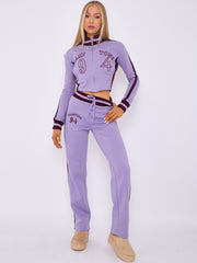 Embroidered Hampton Zip Up Cropped Top & Jogger Fleece Tracksuit