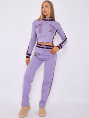 Embroidered Hampton Zip Up Cropped Top & Jogger Fleece Tracksuit