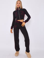 Embroidered Hampton Zip Up Cropped Top & Jogger Fleece Tracksuit