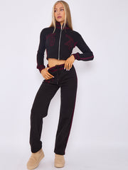 Embroidered Hampton Zip Up Cropped Top & Jogger Fleece Tracksuit