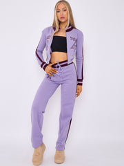 Embroidered Hampton Zip Up Cropped Top & Jogger Fleece Tracksuit
