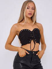 Lace Up Front Bandeau Top With Metal Eyelet Detail