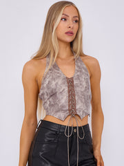 Faux Leather Halter Corset Style Crop Top