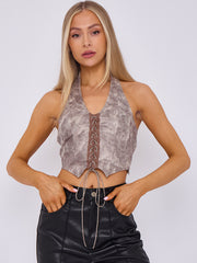 Faux Leather Halter Corset Style Crop Top