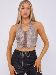 Faux Leather Halter Corset Style Crop Top