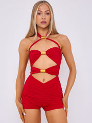 Spring Coil Cut Out Detail Halter Neck Playsuit