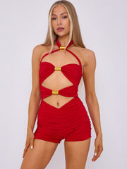 Spring Coil Cut Out Detail Halter Neck Playsuit