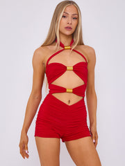 Spring Coil Cut Out Detail Halter Neck Playsuit