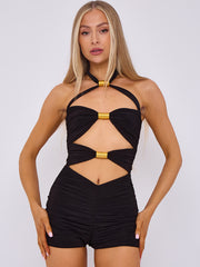 Spring Coil Cut Out Detail Halter Neck Playsuit