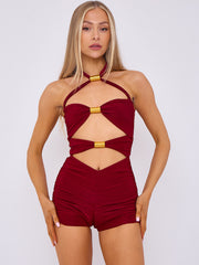 Spring Coil Cut Out Detail Halter Neck Playsuit