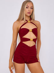 Spring Coil Cut Out Detail Halter Neck Playsuit