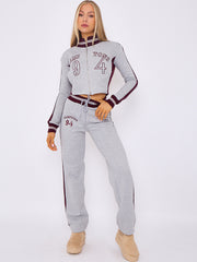 Embroidered Hampton Zip Up Cropped Top & Jogger Fleece Tracksuit