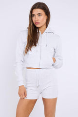 Zipped Hooded Crop Top & Seam Detail Shorts Fleece Co-ord