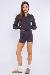 Zipped Hooded Crop Top & Seam Detail Shorts Fleece Co-ord