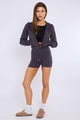 Zipped Hooded Crop Top & Seam Detail Shorts Fleece Co-ord