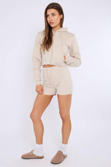 Zipped Hooded Crop Top & Seam Detail Shorts Fleece Co-ord