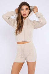 Zipped Hooded Crop Top & Seam Detail Shorts Fleece Co-ord