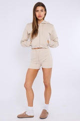 Zipped Hooded Crop Top & Seam Detail Shorts Fleece Co-ord