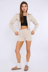 Zipped Hooded Crop Top & Seam Detail Shorts Fleece Co-ord