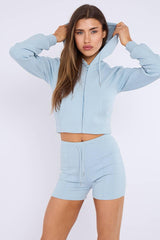 Zipped Hooded Crop Top & Seam Detail Shorts Fleece Co-ord