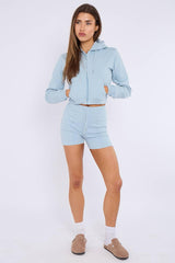 Zipped Hooded Crop Top & Seam Detail Shorts Fleece Co-ord