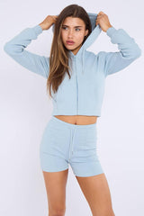 Zipped Hooded Crop Top & Seam Detail Shorts Fleece Co-ord