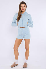 Zipped Hooded Crop Top & Seam Detail Shorts Fleece Co-ord