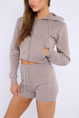 Zipped Hooded Crop Top & Seam Detail Shorts Fleece Co-ord