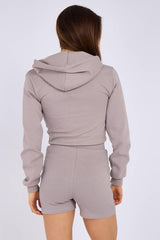 Zipped Hooded Crop Top & Seam Detail Shorts Fleece Co-ord