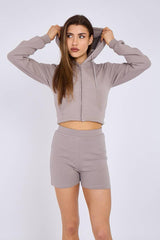 Zipped Hooded Crop Top & Seam Detail Shorts Fleece Co-ord