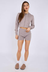 Zipped Hooded Crop Top & Seam Detail Shorts Fleece Co-ord