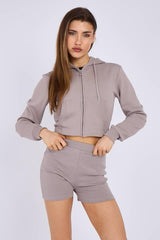 Zipped Hooded Crop Top & Seam Detail Shorts Fleece Co-ord