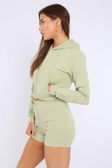 Zipped Hooded Crop Top & Seam Detail Shorts Fleece Co-ord
