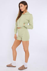 Zipped Hooded Crop Top & Seam Detail Shorts Fleece Co-ord