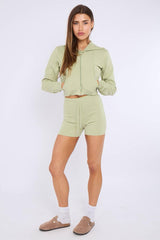 Zipped Hooded Crop Top & Seam Detail Shorts Fleece Co-ord