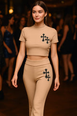 Crucifix Detail Crop Top & Flare Hosen Co-ordte