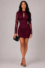 Lace Sleeve Cut-Out High Neck button Fastening Dress