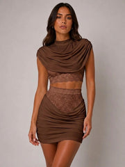 Draped High Neckline Lace Detail Top & Skirt Co-Ord